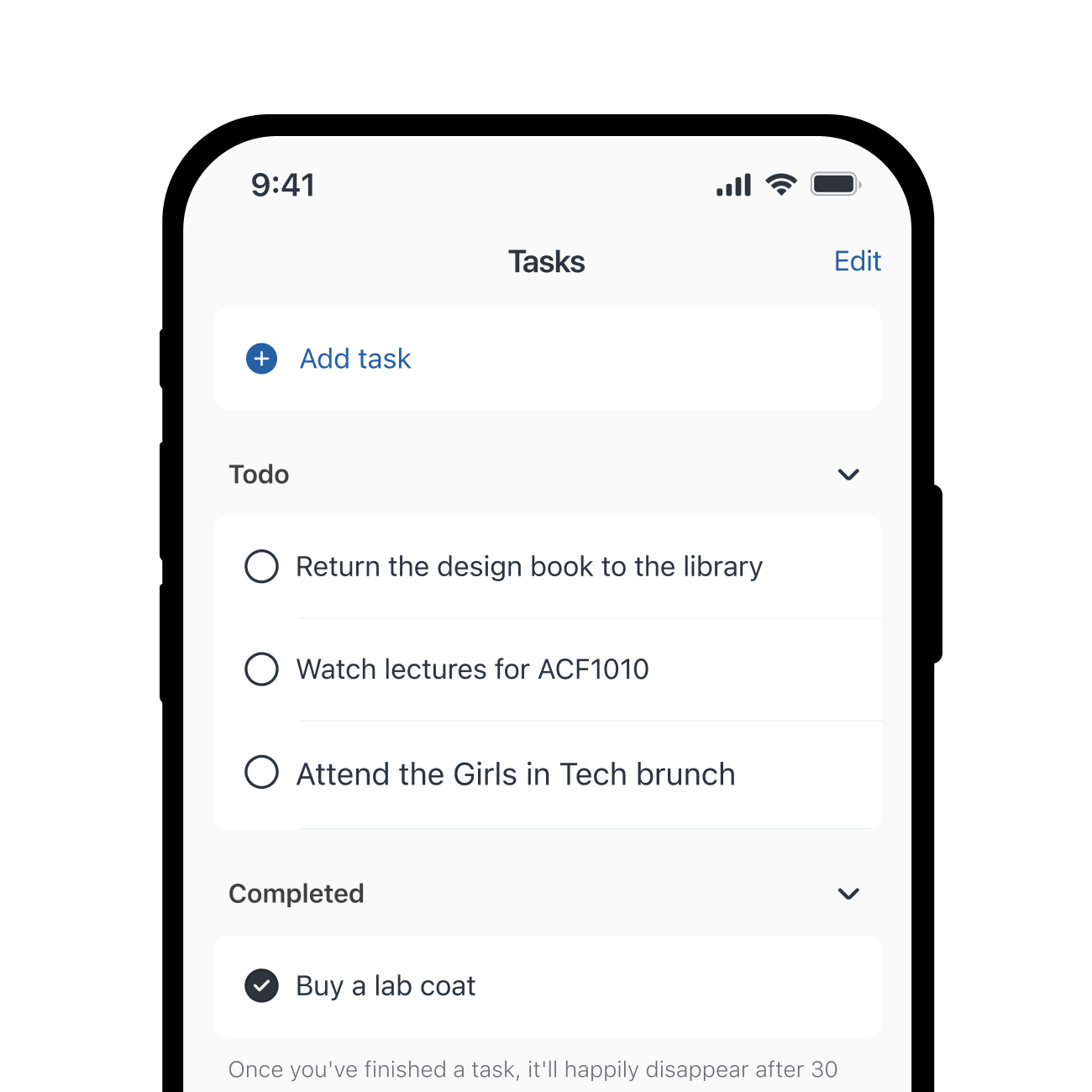 a mobile device showing Monash Study app tasks feature